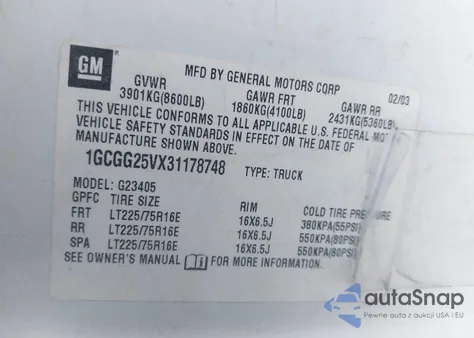 2003 Chevrolet Express z USA, uszkodzony, nr VIN 1GCGG25VX31178748